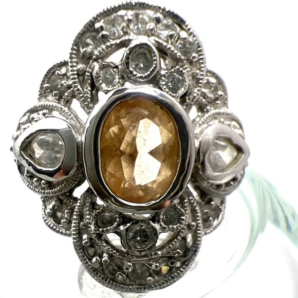 Sterling Silver Ring CZs Champaign & Clear Bezel Set Intricate Cluster Design - Picture 2 of 9